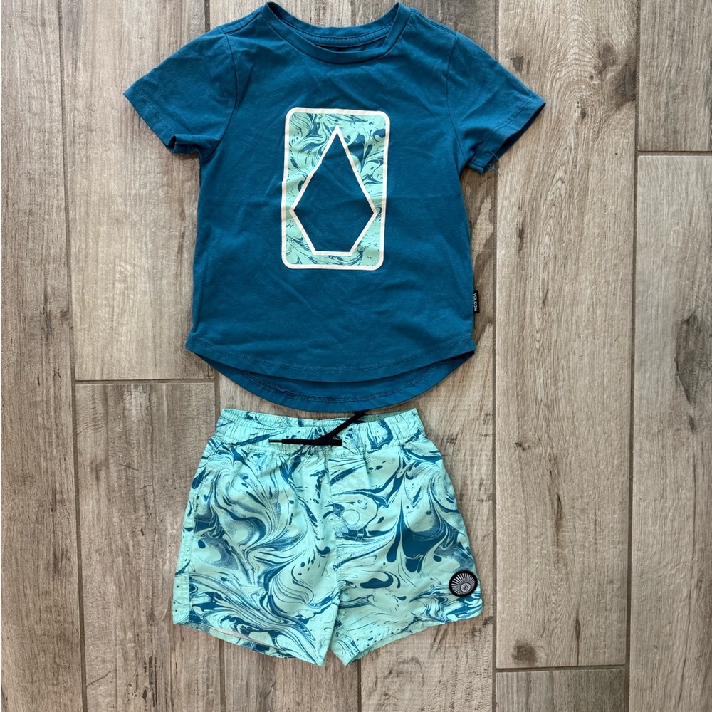 Volcom Teal Graphic Tee and Marble Print Shorts
